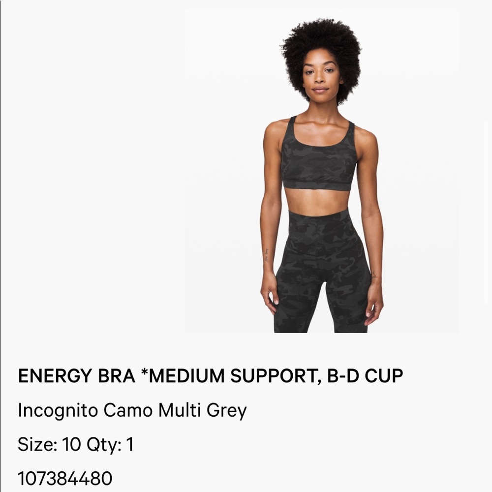 NWOT Lululemon Camo Energy Bra B-D Cup Size 10
